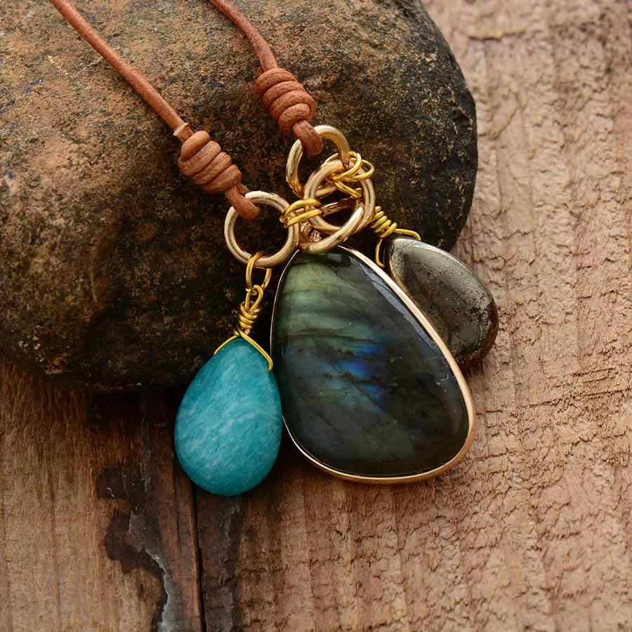 Кулон из натурального камня ожерелье Лабрадорит Амазонит кожа кулон ожерелье дизайнерские ювелирные изделия богемные