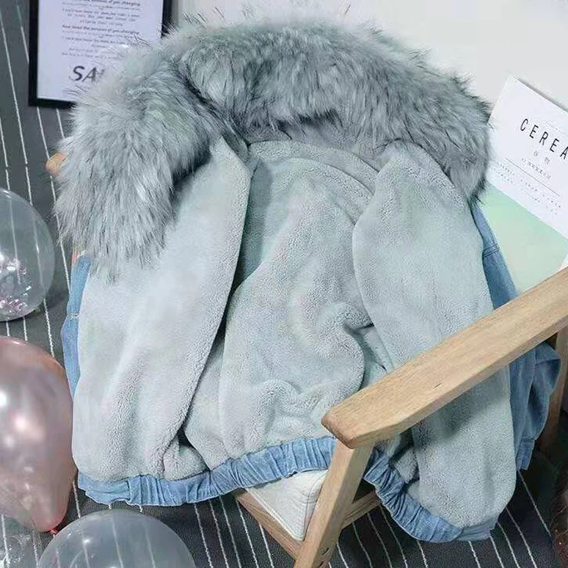 

2023 new fashion warm hooded fur collar women's cotton jacket large size plus velvet thickened women's denim cotton jacket JK30