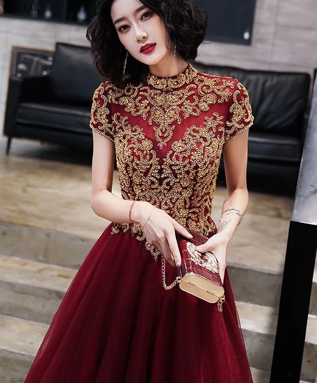 Vestidos fiesta boda, новинка, кружевное платье с высоким воротом, расшитое бисером, короткий рукав, сзади, ТРАПЕЦИЕВИДНОЕ Бордовое платье, длинное свадебное платье для гостей размера плюс