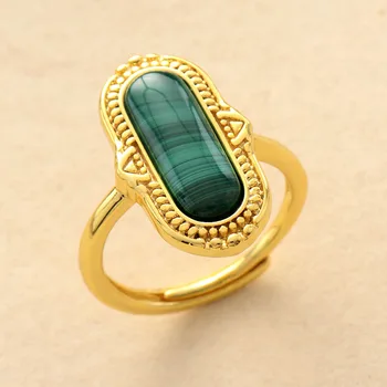 Premium Big Stone Adjustable Rings Fashion Gold Color Apatite Malachite Lapis Luxury Party Cocktail Ring Anniversary Jewelry