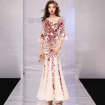 

Sequins Beading Sexy Party Dress Women Night Long Maxi Dress Elegant Flare Sleeve Mermaid Dress Bodycorn Slim V-Neck Mesh A376