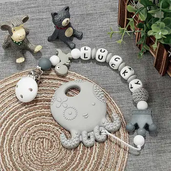 

TYRT.HU Personalized DIY Baby's Name Handmade Pacifier Clips Holder Dinosaur Silicone Beads Baby Teether Teething Chain Toy