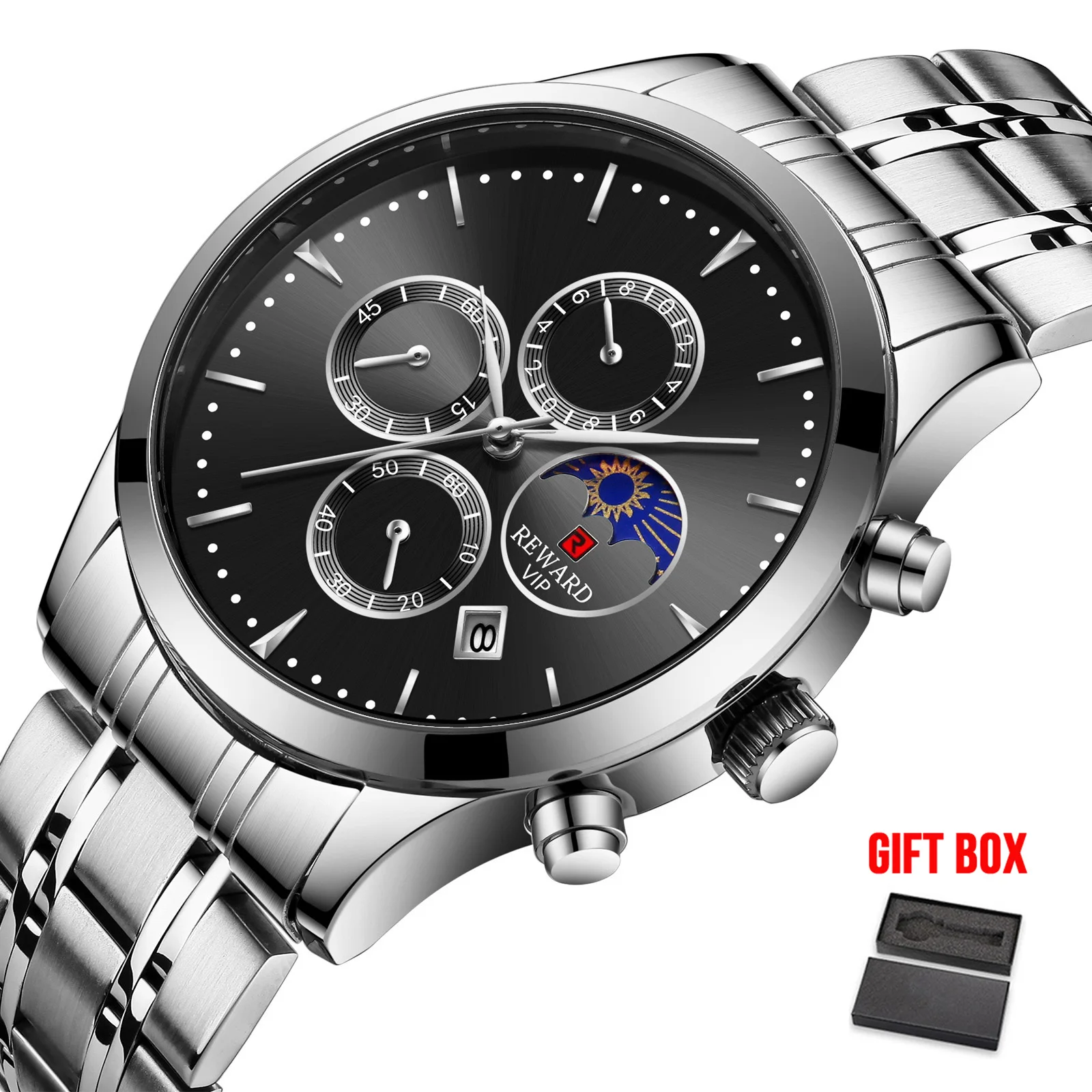 Мужские Аналоговые модные водонепроницаемые кварцевые часы с хронографом, мужские спортивные повседневные наручные часы Relogio Masculino - Цвет: sil black w box