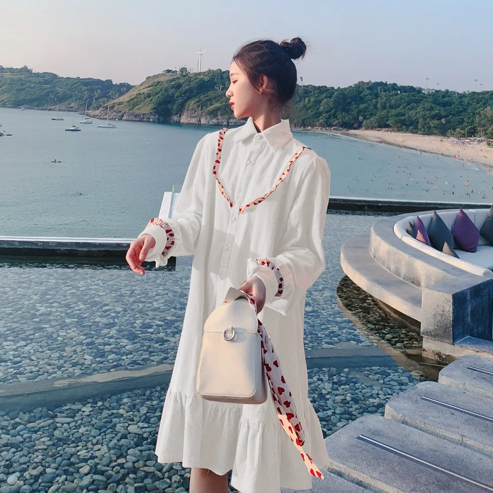 

Photo Shoot 2019 Spring New Style Korean-style WOMEN'S Wear-Style French College Style Mid-length Loose-Fit Corduroy Dress
