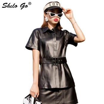 

Genuine Leather Jacket Highstreet Peter Pan Collar Button Front Wide Buckle Belted Short Sleeve Sheepskin Coat Women Outwear