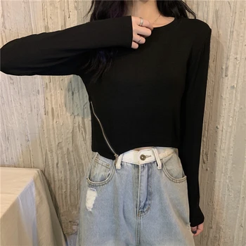 

PX2315 Zipper short fashion long sleeve bottoming T-shirt women