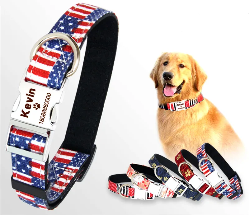 Personalized Colorful Print Dog Collars Nylon Cloth Pet Necktie Engraved Name ID Number Collars Adjustable For Medium Large Dog