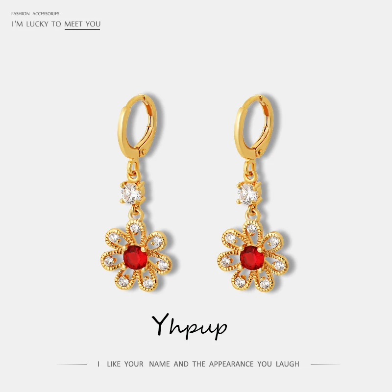 Yhpup Classic Red Bling Zircon Flower Plant Dangle Earrings Elegant Vintage Copper Gold Brincos for Female Party Gift | Украшения и