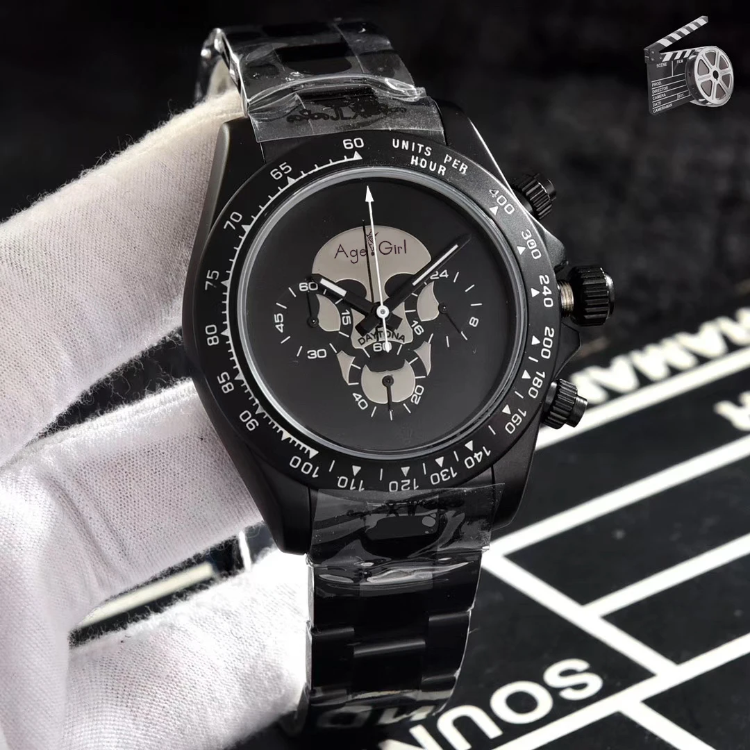 

Luxury Brand New Men Japanese Quartz Full Black Case Rose Gold Stainless Steel Watch Chronograph Sapphire Ceramic Baguette Skull