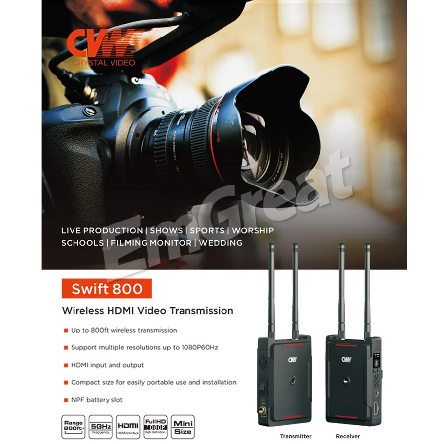  CVW SWIFT 800 800ft Wireless Video Transmission System w/ Battery HDMI HD Image Transmitter Receive
