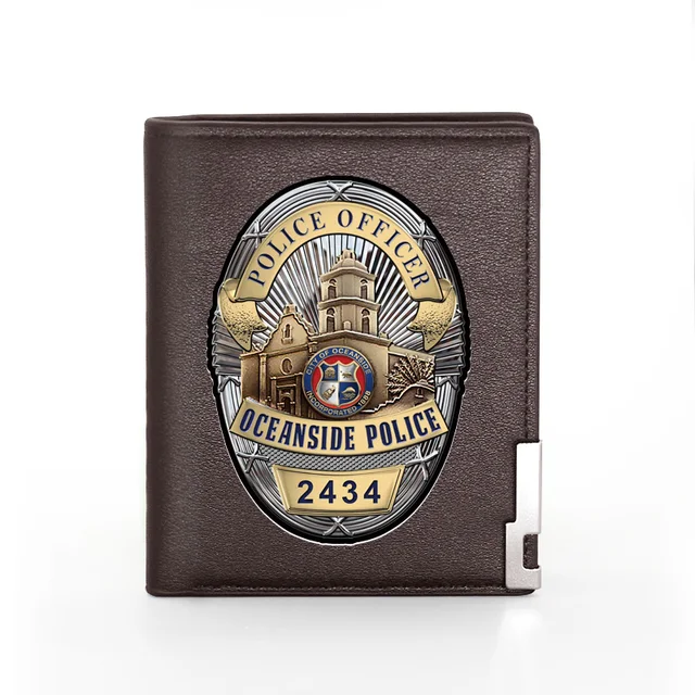 Fashion Security Officer Police Badge Printing Men's Wallet  Leather Purse For Men Credit Card Holder Short Male Slim Money Bags BG420-Brown