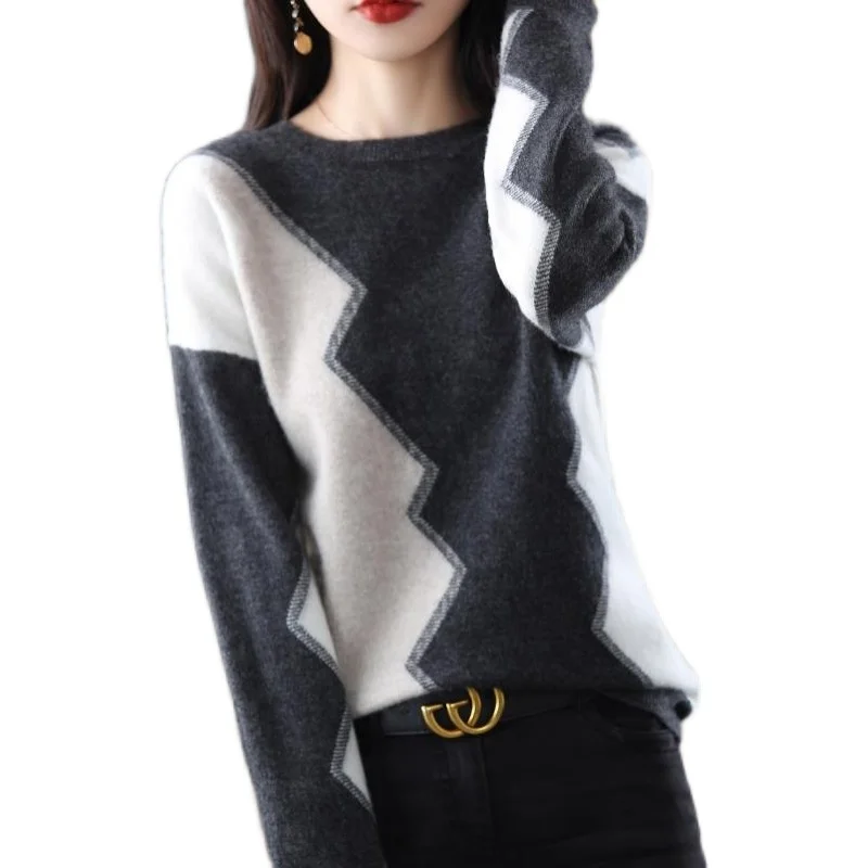 

LUKAXSIKAX 2021 New Autumn Winter Women Base Pullover Sweater Fashion Contrast Color Knitted Sweater