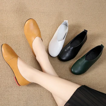 

Spring Casual Shoes Female Solid Color Flat Shoes Woman Hand-sewn Leather Loafers Round Toe Shoes