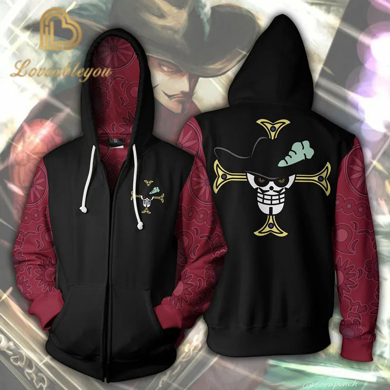 Anime One Piece Dracule Mihawk 3D Zipper Hoodie Cosplay Costume Streetwear Hoodies Off White Sweatshirt for Men and Women