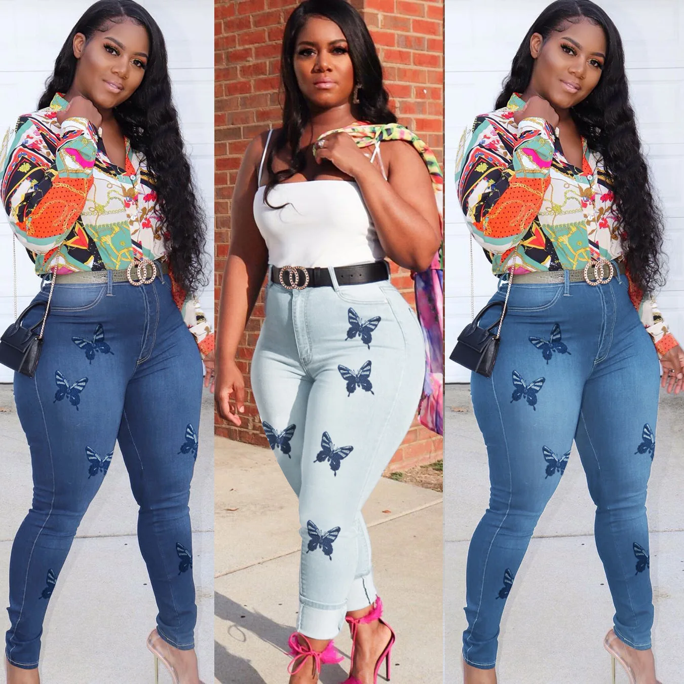 

European and American Women's Fashion Butterfly Slim-fit Denim Trousers