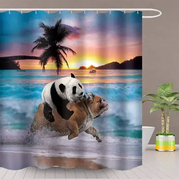 

Panda Riding on a Dog Shower Curtain Funny Creative Animals Seaside Beach Sunset Bathroom Decoration Set Polyester Fabric