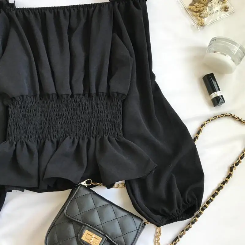 Off The Shoulder Strapless Long Sleeve Chiffon Blouse Top Spring Autumn Korean Women Slim Ruffle Layer Short Blouses Shirts