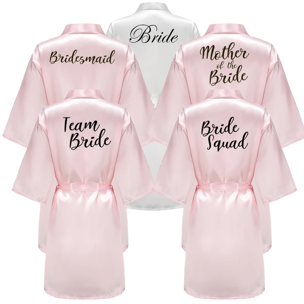 Women Sleepwear Bride Robes Wedding Team Satin Dressing Gowns Black Letter Writing Bathrobe