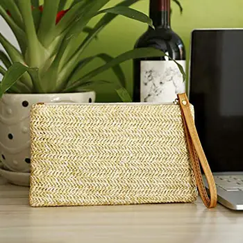 

Fashion Ladies Straw Knitted Clutch Braided Handbag Coin Purse Wristlet Clutch Casual Wallet Card Bags