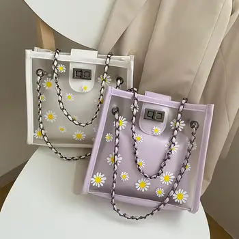 

Transparent PVC Handbag Classic Texture Creative Design Chic Daisy Flower Jelly Totes PU Shoulder Bag Composite Set