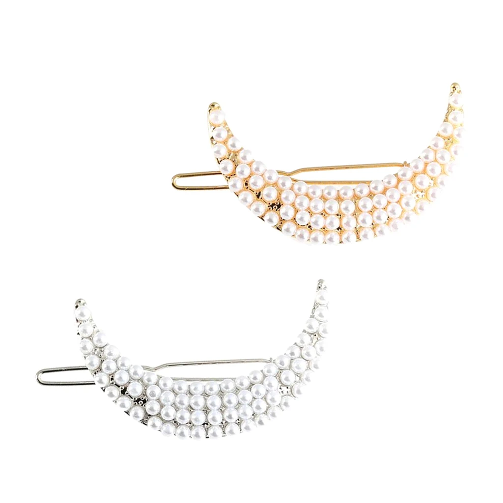 2Pieces Women Ladies Charm Moon Shape Hairpin Pearls Hairclip Headwear