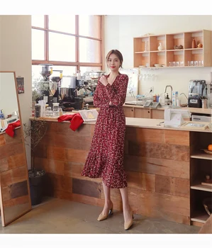 

Vintage Floral Print V-neck Women Dress Stylish Full Sleeve A-line Chic Female Chiffon Dress Women Midi Vestidos