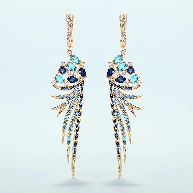 Blue 11.11 Luxury Feather Earrings Cubic Zirconia Long Earrings Copper Metal Rhodium Platting Women Wedding Party Jewelry XIUMEIYIZU - Окраска металла: Blue