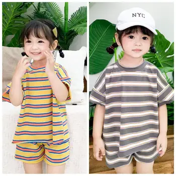 

2020 new girls 2 pcs striped set shirt+shorts fashion summer cotton linen kids girls suits 1-6t