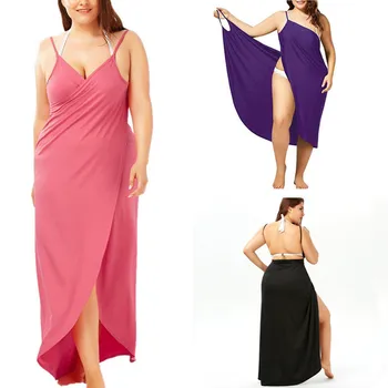 

Oufisun Plus Szie Women Summer Dress Casual Sexy Veep V Neck Backless Solid Beach Maxi Dresses Fashion Split Midi Dress Vestido