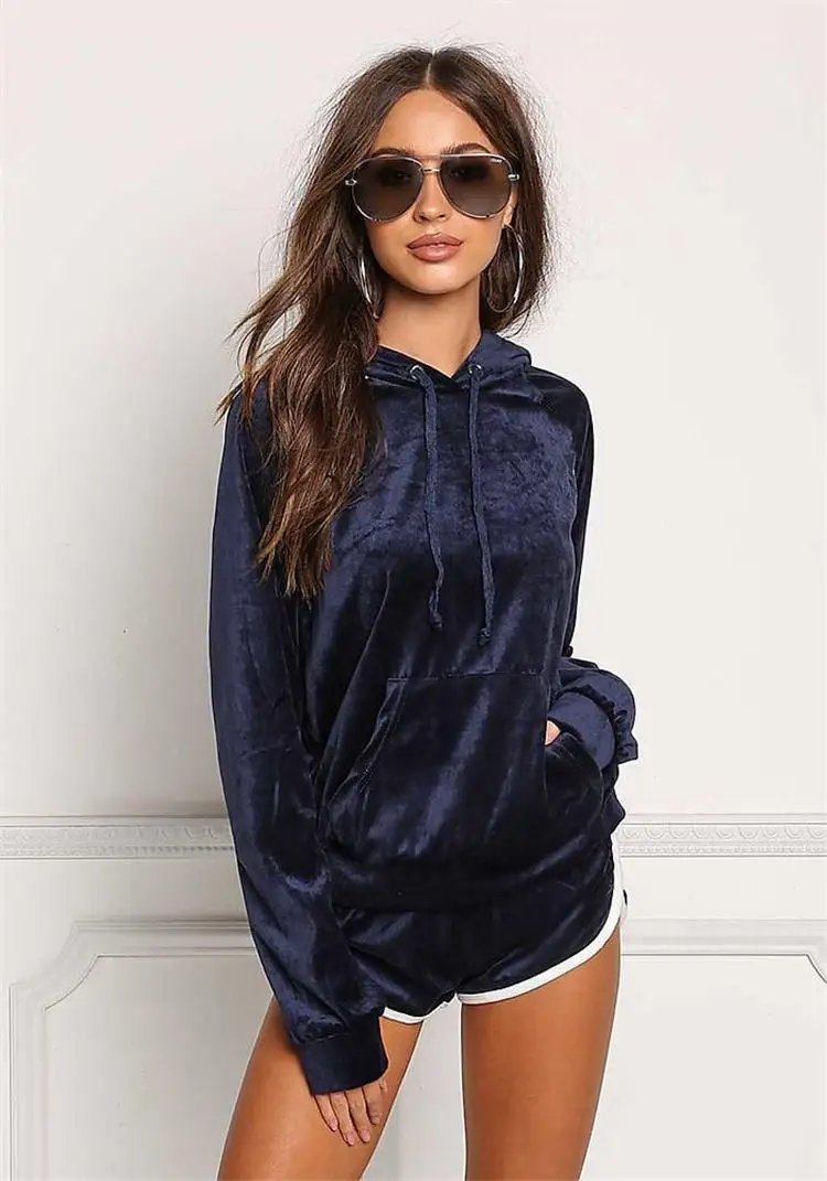 two piece set autumn winter hooded velvet velour suit shorts fitness tracksuit shining outfits set women DY171010