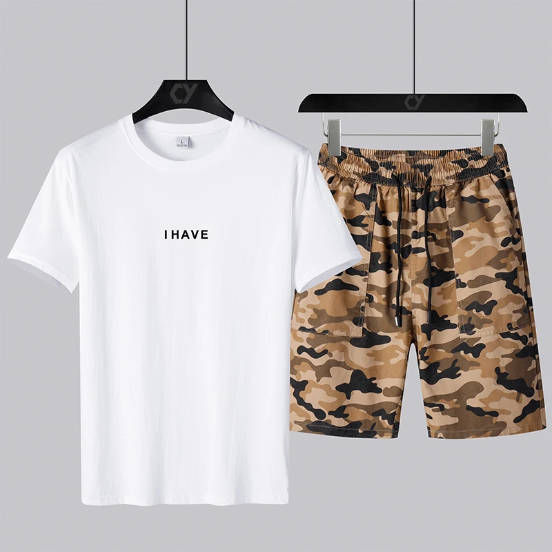 Summer Tracksuit T-Shirt shorts Short-Sleeve Two-Pieces-Sets Mens Camouflage Sportswear