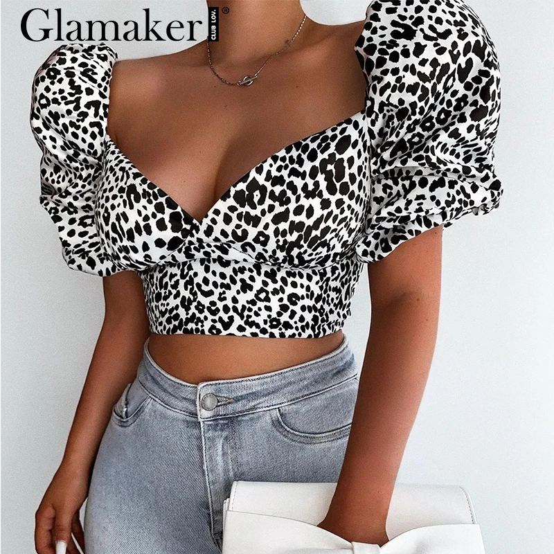 

Glamaker Puff sleeve leopard print blouse shirt Women sexy animal print crop top Autumn fashion party club elegant ladies blouse
