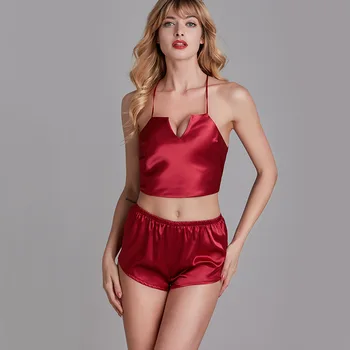 

Sexy Backless Nightwear 2PCS Pajamas Set Female Satin Sleepwear Strap Top&Shorts Silky Intimate Lingerie Summer New Pyjamas