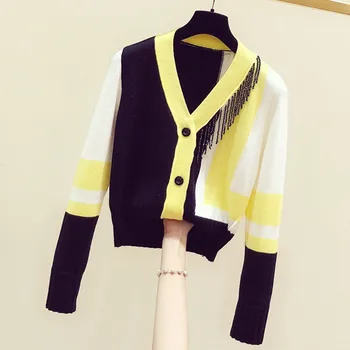 

New Autumn Winter Color Block Tassel V Neck Single Breasted Long Sleeve Knitted Cardigans Casual Short Female Sweaters