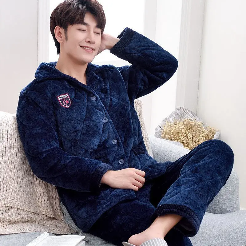 

Pajamas Men Erkek Pijama Pajamas Winter Thickening And Velvet Three-layer Sandwiched Cotton-padded Jacket Warm Leisure Wear