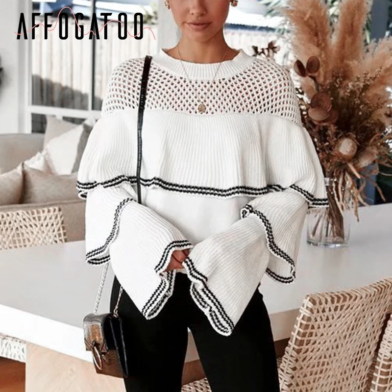 

Affogatoo Elegant ruffle autumn winter warm women knitted sweater Casual striped loose female pullover Soft ladies white sweater