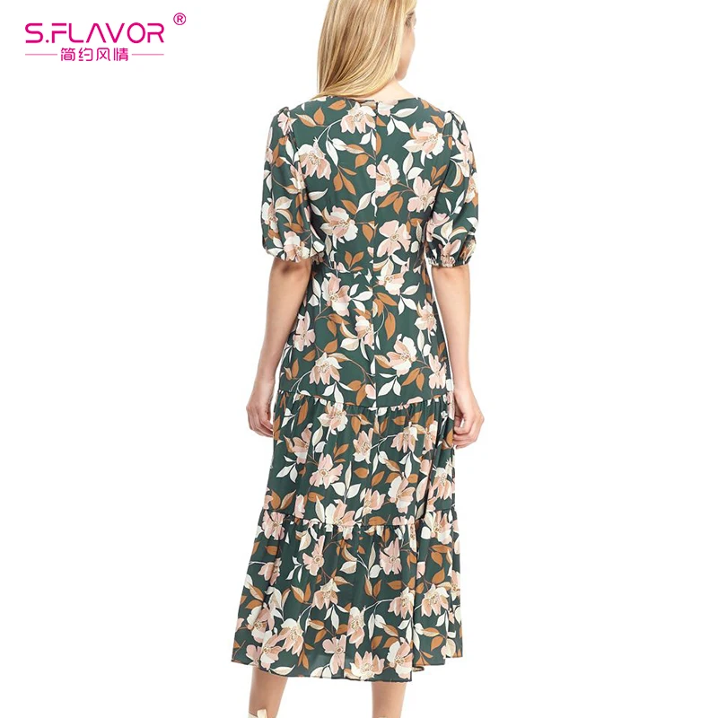 S. FLAVOR богемное женское платье миди с принтом элегантное с v-образным вырезом короткие весенние платья женские летние шифоновые Vestidos De