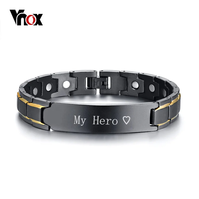 Vnox Personalized ID Jewelry Black Therapy Healing Magnetic Bracelets for Men Stainless Steel Power Bangle Father's Day Dad Gift tumbeelluwa natural black rutilated quartz self standing healing crystal point faceted prism wand reiki balancing