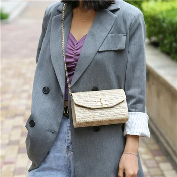

Women Summer Rattan Bags Small Square Straw Bag Handmade Woven Beach Crossbody Bags 2020 New Design Bohemia Flap Chain Handbag