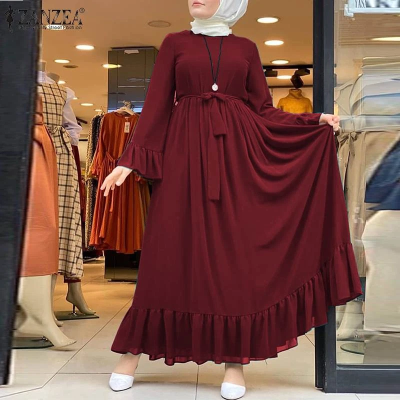 Women's Muslim Sundress ZANZEA Spring Elegant Ruffle Dress Female Patchwork  Maxi Vestidos Casual Hijab Dress Robe|Islamic Clothing| - AliExpress