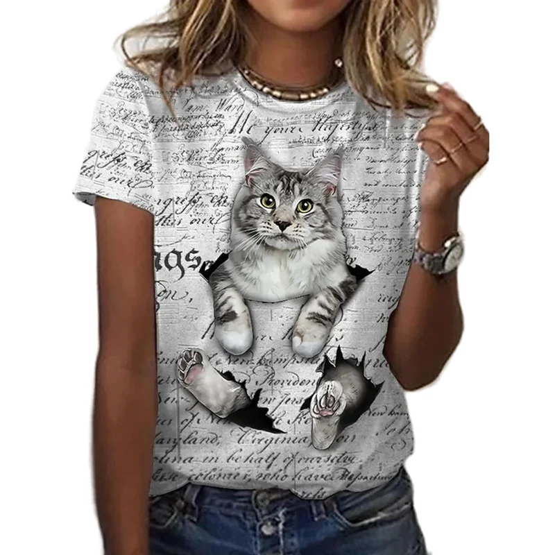 Camiseta de gatito blanco de manga corta para mujer, ropa de al aire libre, Tops tela, nueva camiseta para mujer, ropa para mujer|Camisetas| - AliExpress