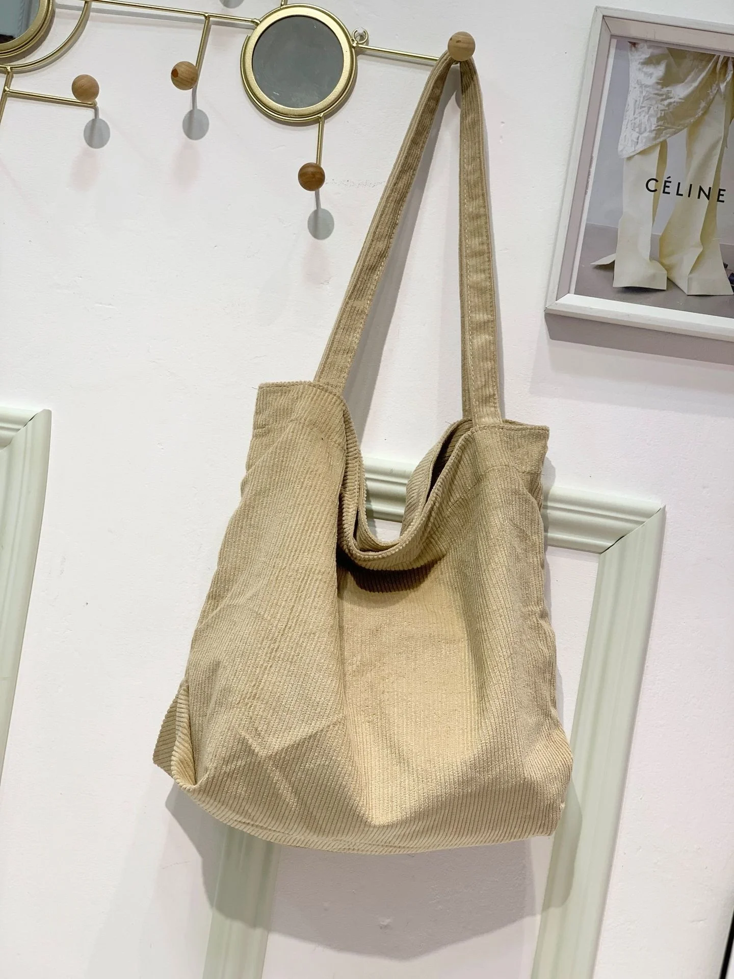 [韓国大人気バッグ] プラHITシンプルショッパーバッグcorduroy Corduroy Women's Tote Shoulder Bag Reusable Girls Shopping
