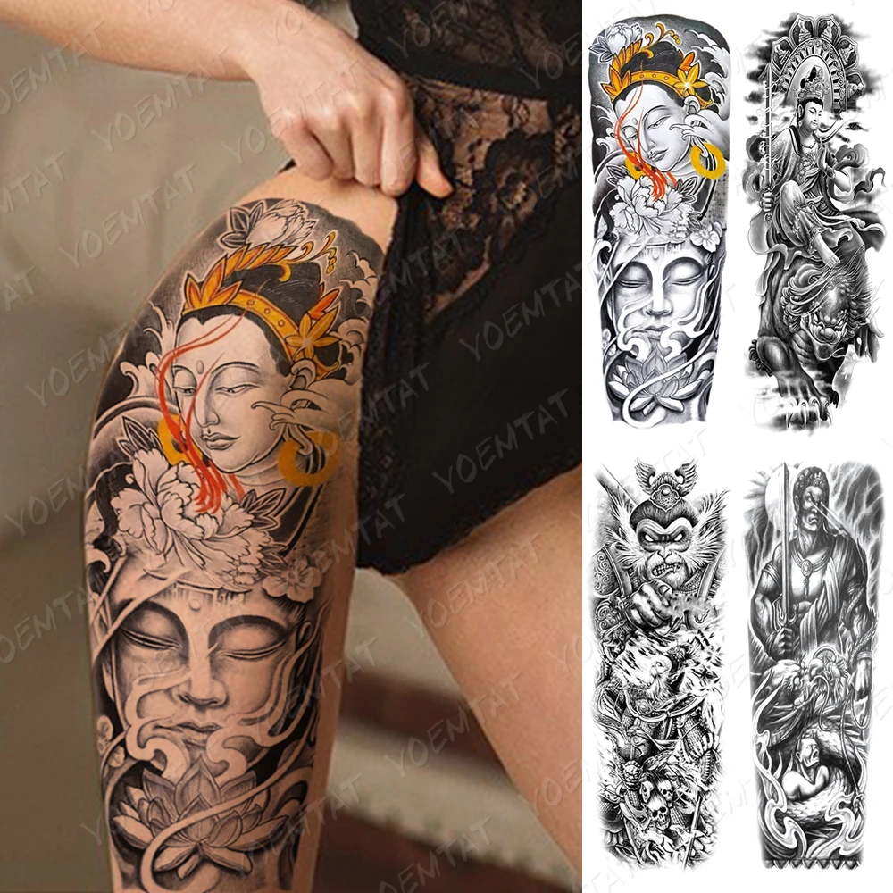 

Waterproof Temporary Full Arm Tattoo Sticker Buddhist Bodhisattva Lotus Totem Flash Tattoos Women Body Art Fake Sleeve Tatto Man