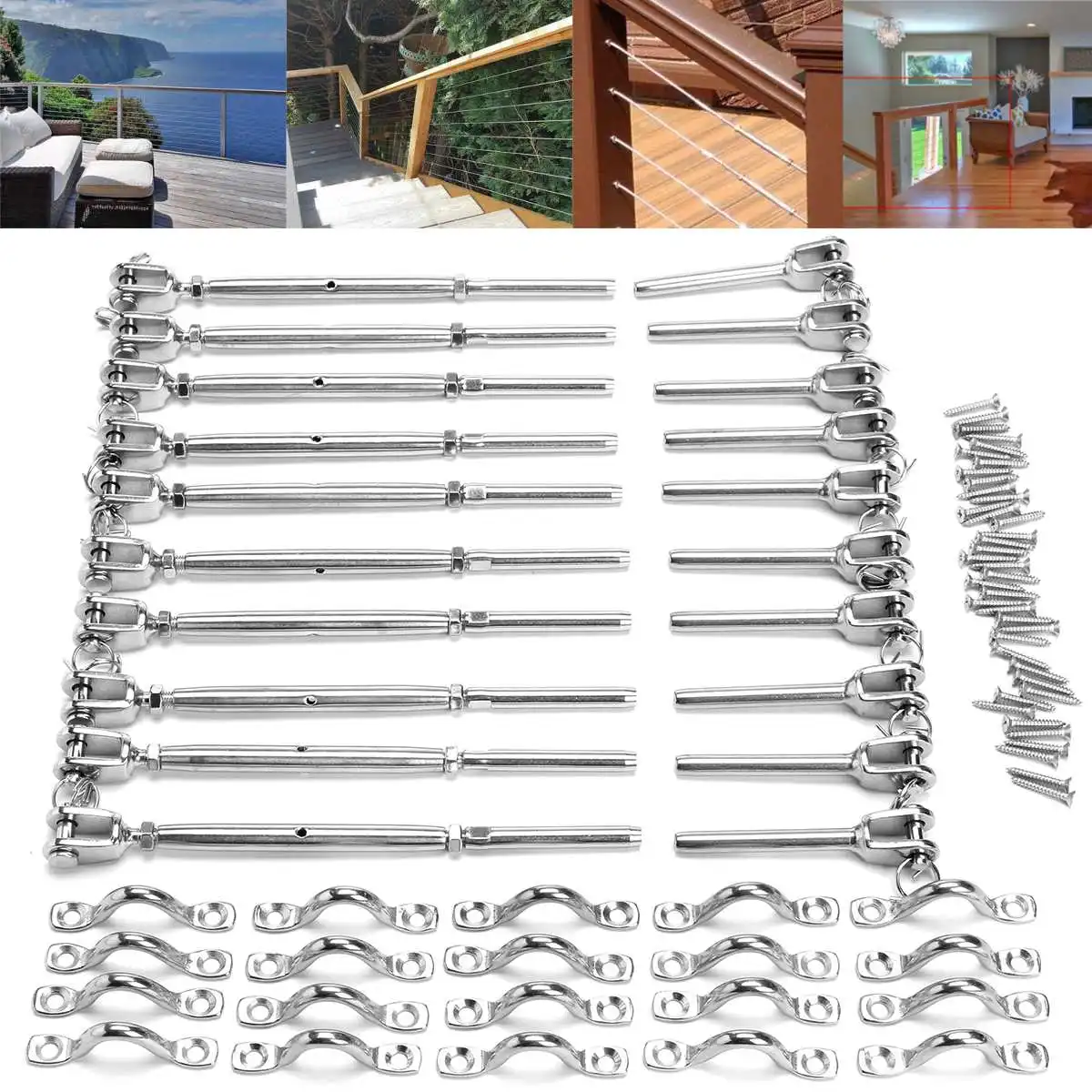 

80Pcs/10Set Stainless Steel Swage Lag Screw DIY Rope Balustrade Kit for 1/8 Inch Cable