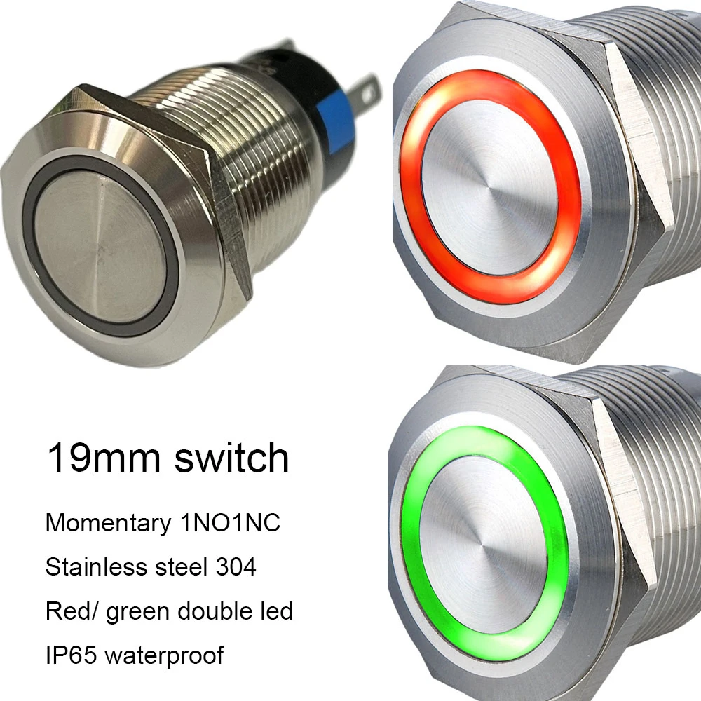 

Red/Green Double Color AC 250V 19mm Mounting Thread Flat Waterproof Press Button 1NO 1NC Momentary Metal Push Button Switch