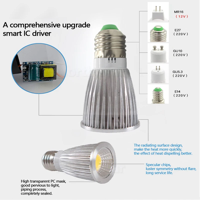 10 шт./лот COB Светодиодный прожектор 9 Вт 12 15 Led светильник GU10/GU5.3/E27/E14 85 265V MR16 12В