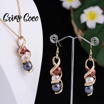 Cring Coco Hawaiian Pearl Jewelry Set Women's Earing Polynesian Gold Plated Necklaces Drop Earrings Necklace Sets for Women 2021 1
