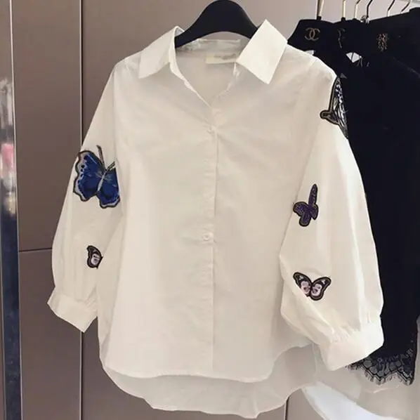 Белая блузка 2019 Весна Лето длинный рукав бабочка нашивки рубашка женская одежда