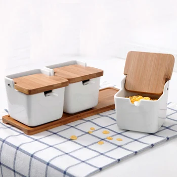 

kitchen Spice Pots Bowls With Spoon & Porcelain Box and Bamboo Cover - Storage Container Condiment Jars Ceramic Seasoning Rack