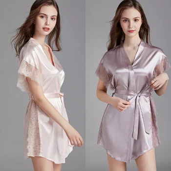 

New summer woman V-neck lace nightgown silk sexy nightgown / morning gown thin section home sleepwear robe